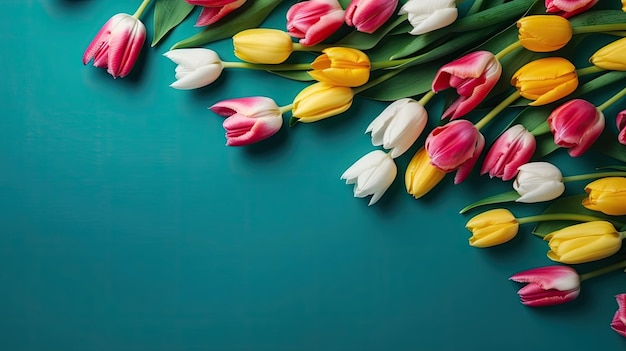 A bunch of tulips on a bluegreen background