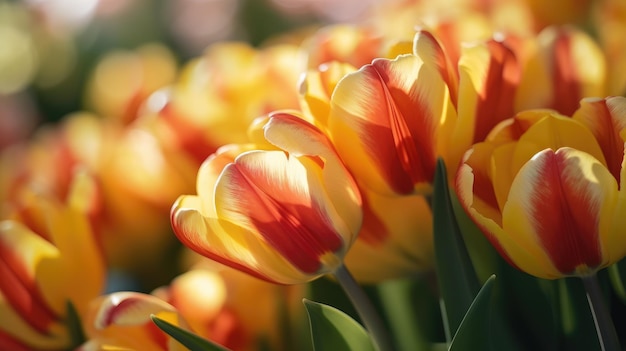 A bunch of tulips in a field of yellow and orange