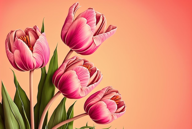 Bunch of tulips on a pink backdrop and copyspace