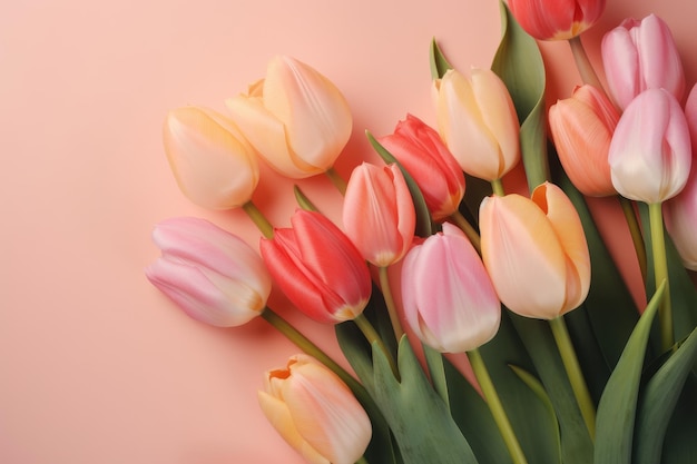 A bunch of tulips on a pink background.