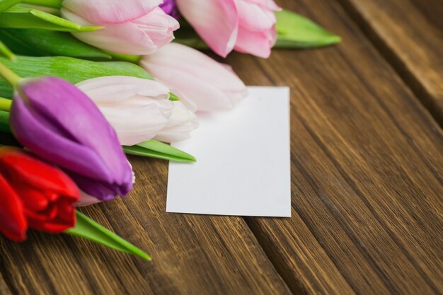 Bunch of tulips and white card