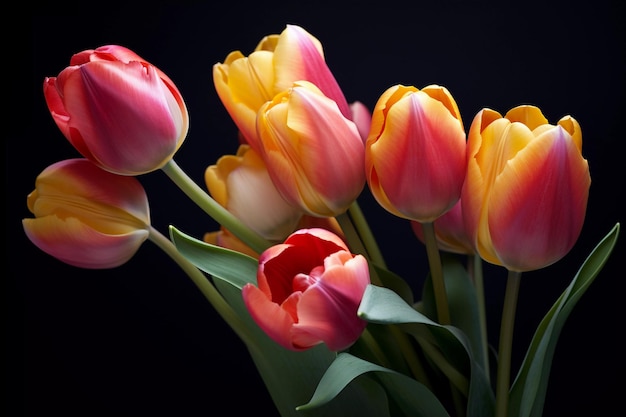 A bunch of tulips with a black background