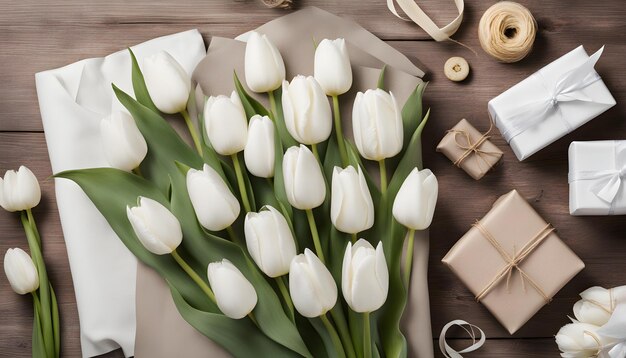 Photo a bunch of tulips with a box of tissues on the table