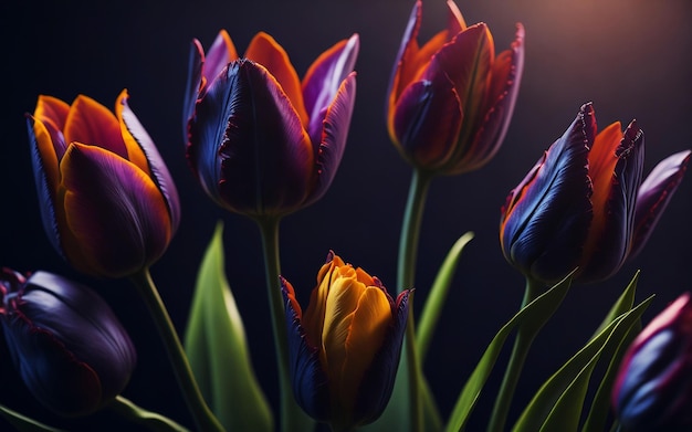 A bunch of tulips with a dark background