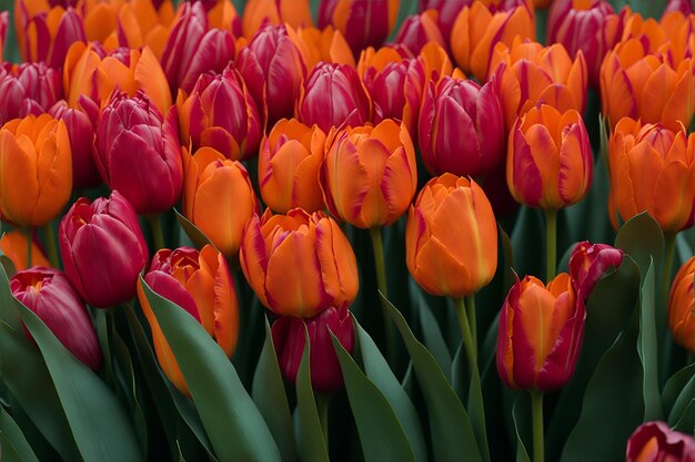 A bunch of tulips with one red and yellow on the bottom