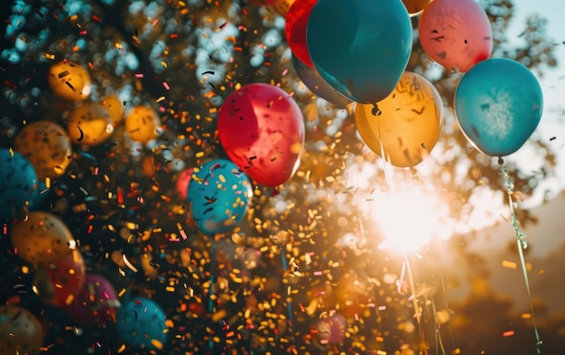 Bunch van kleurrijke ballonnen vrijgelaten in de lucht