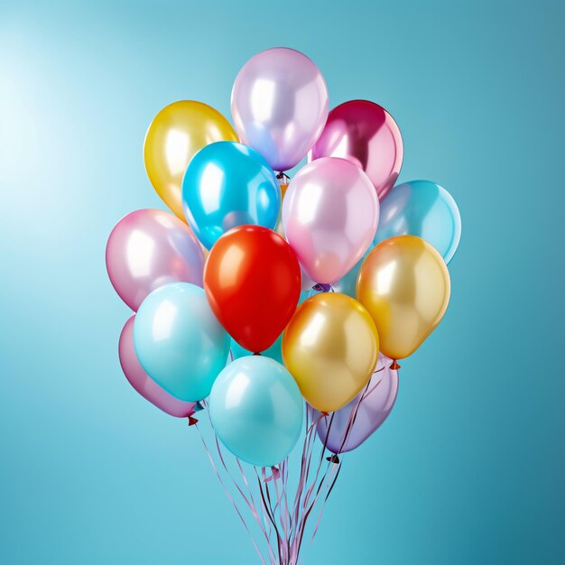 Bunch van kleurrijke feestelijke glanzende ballonnen op blauwe achtergrond