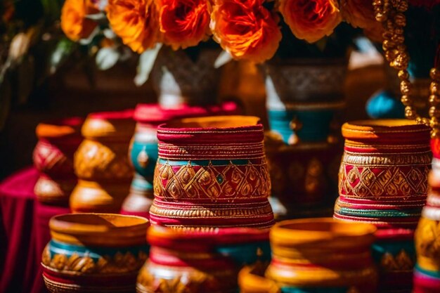 Photo a bunch of vases with orange and red flowers in them