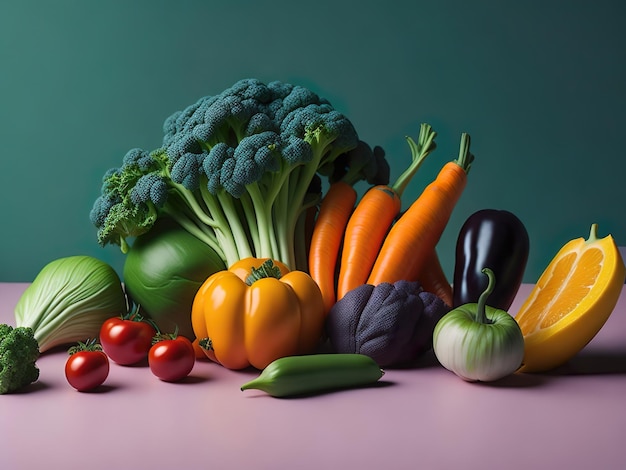 A bunch of vegetables are on a table with a green background.