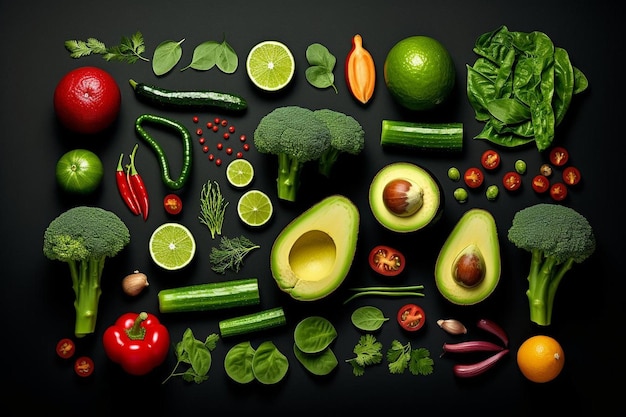 Photo a bunch of vegetables including one that says  avocado  and the other is a green vegetable