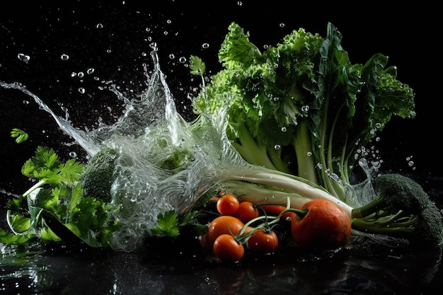 A bunch of vegetables that are being splashed with water