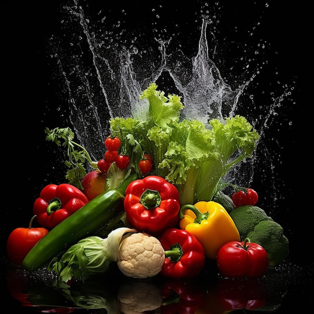 A bunch of vegetables with water splashing around them