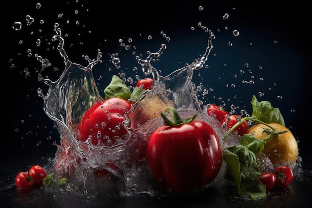 A bunch of vegetables with water splashing around them