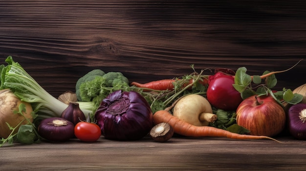 A bunch of vegetables on a wooden table