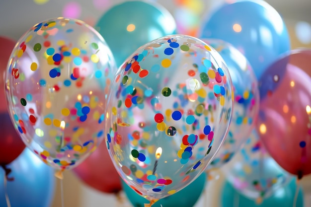 Photo a bunch of vibrant balloons adorned with confetti creating a festive atmosphere colorful confettifilled clear balloons at a birthday celebration ai generated