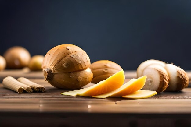 Photo a bunch of walnuts on a wooden table with orange peels.