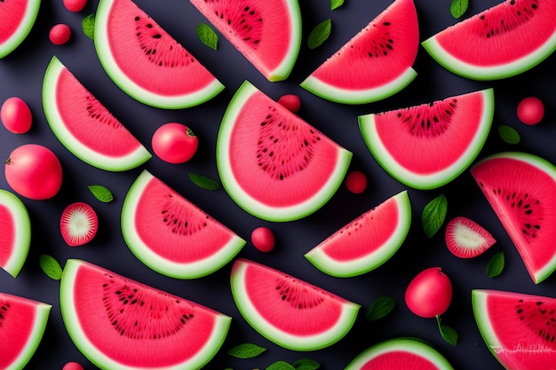 A bunch of watermelon slices on a black background