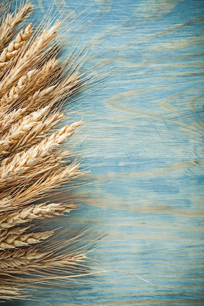 Bunch of wheat ears on wooden board food concept