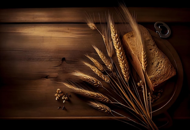 A bunch of wheat on top of a wooden table ears of wheat grains on the wooden table ai generative