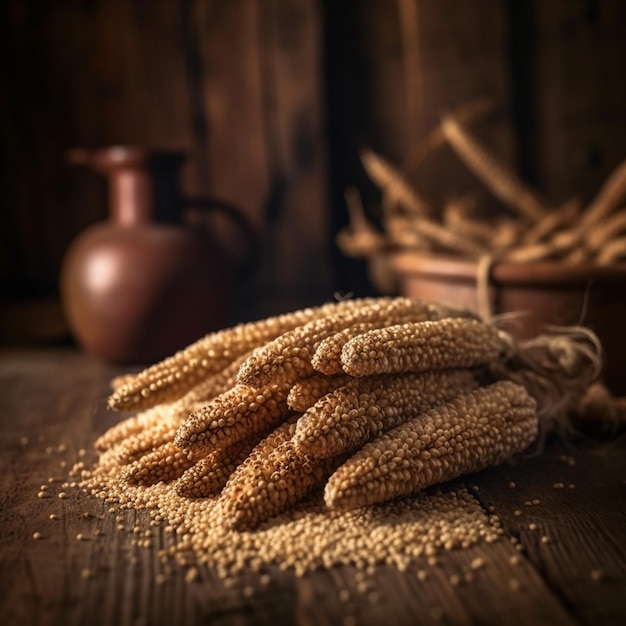 A bunch of wheat on a wooden table with a clay jug in the background.