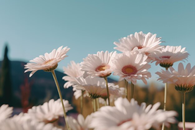 A bunch of white daisies against a blue sky