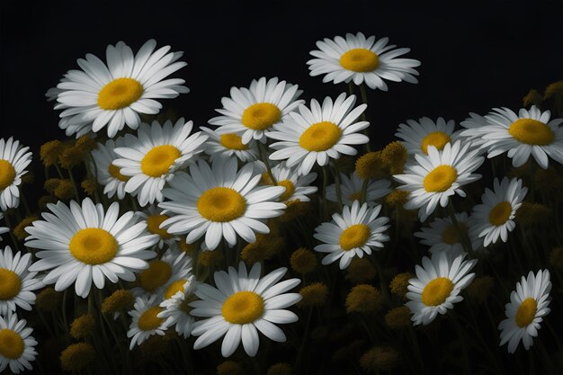 A bunch of white daisies are in the dark