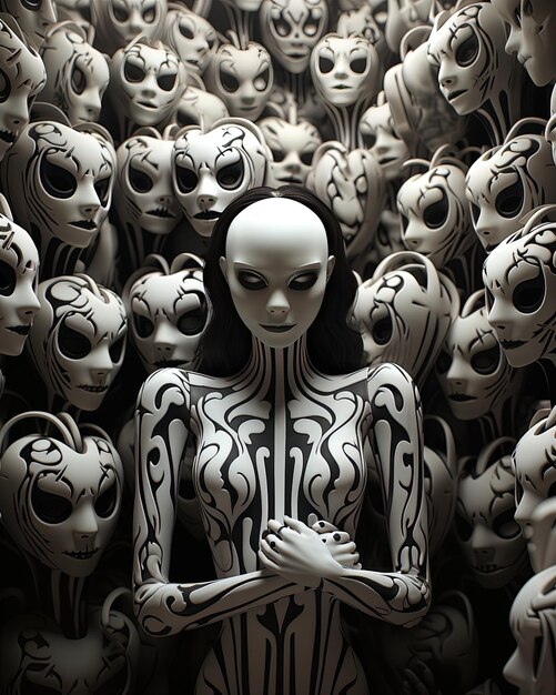 a bunch of white dolls with black and white designs on them