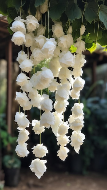 A bunch of white flowers hanging from a tree