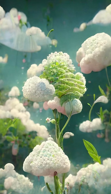 Bunch of white flowers sitting on top of a lush green field generative ai