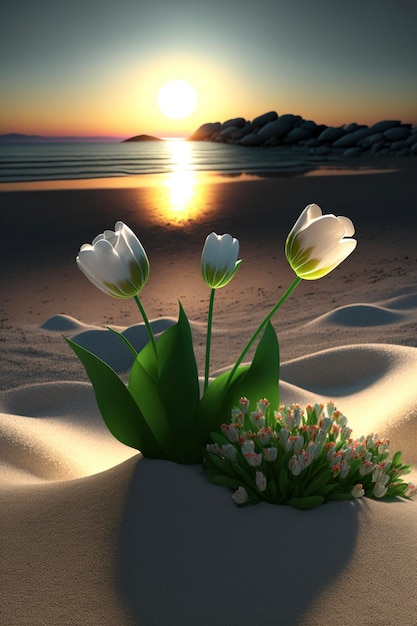 Bunch of white flowers sitting on top of a sandy beach generative ai