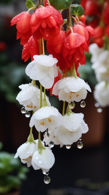 A bunch of white flowers with drops of water on them