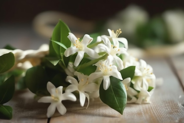 Photo a bunch of white flowers with green leaves on a wooden table.