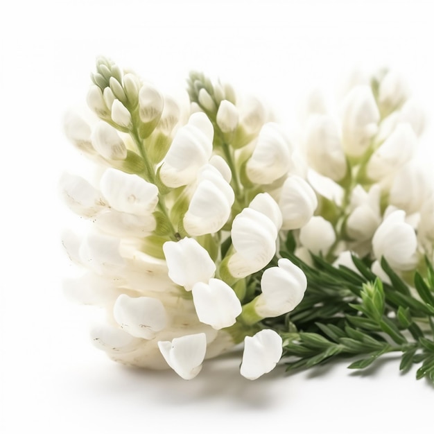 A bunch of white flowers with green leaves