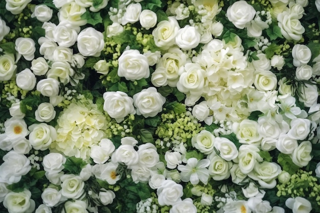 A bunch of white flowers with green leaves