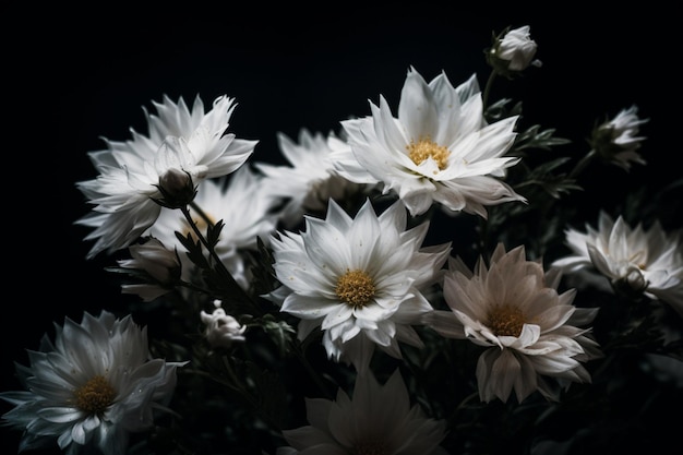 A bunch of white flowers with one yellow center and one white one with the other white