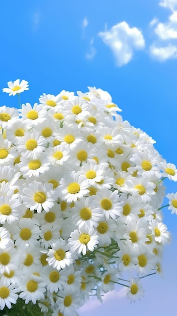 A bunch of white flowers with the sky in the background