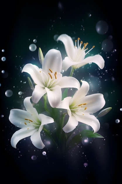 A bunch of white flowers with water drops on the background