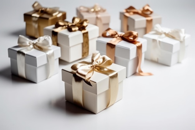 Куча белых подарочных коробок с золотыми лентами и одна с надписью «Я люблю тебя».