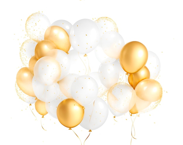 A bunch of white and gold balloons with gold foil on them.