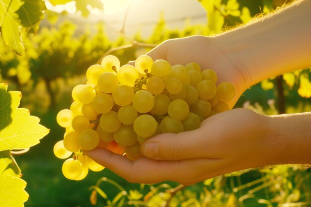 Bunch of white grapes in the hands of a vineyard