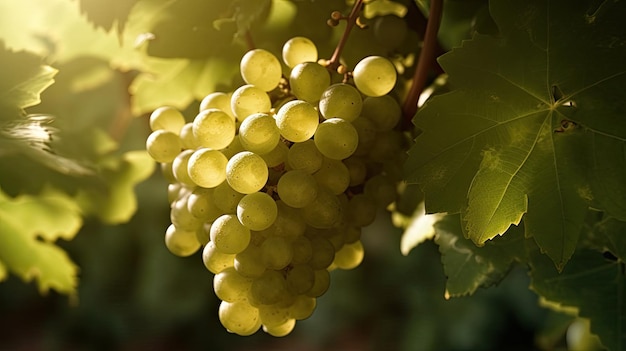 A bunch of white grapes hanging on a vine