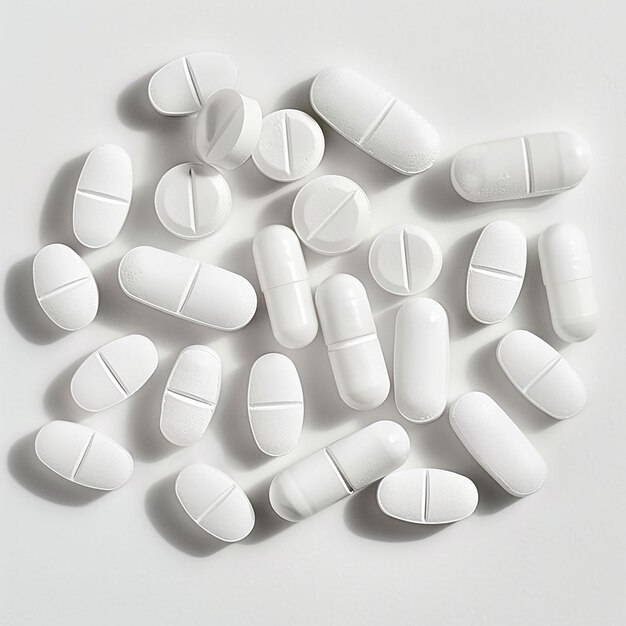 a bunch of white pills that are on a white surface