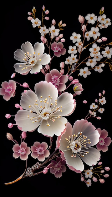 Bunch of white and pink flowers on a black background generative ai