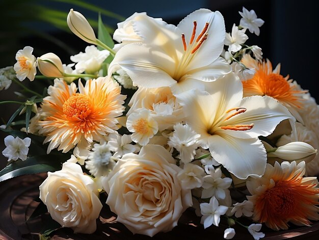 Photo bunch of white and yellow flowers next to a green wall