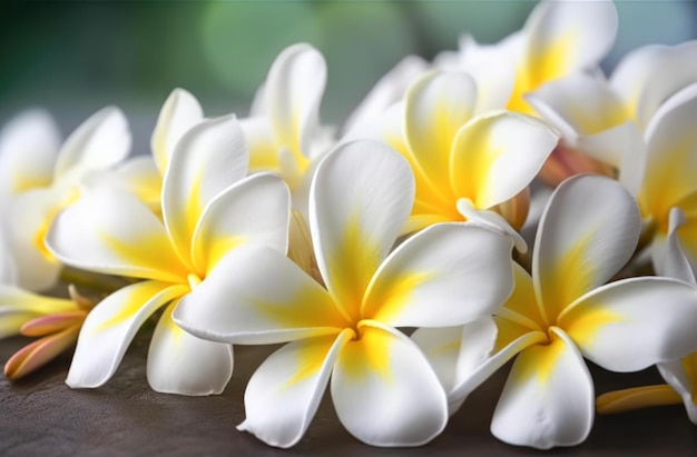 A bunch of white and yellow flowers on a table