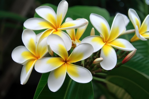 A bunch of white and yellow frangipani flowers with green leaves.