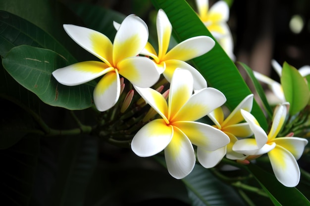 A bunch of white and yellow plumeria flowers