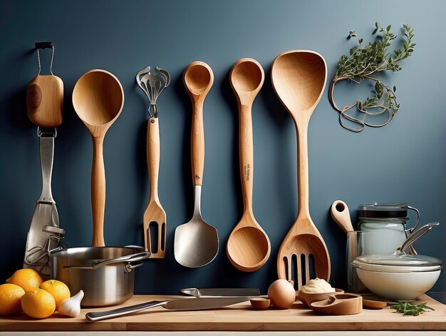 a bunch of wooden spoons and utensils on a counter