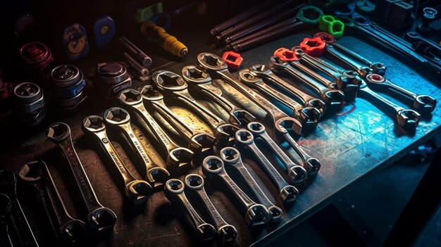 A bunch of wrenches on a table with other tools