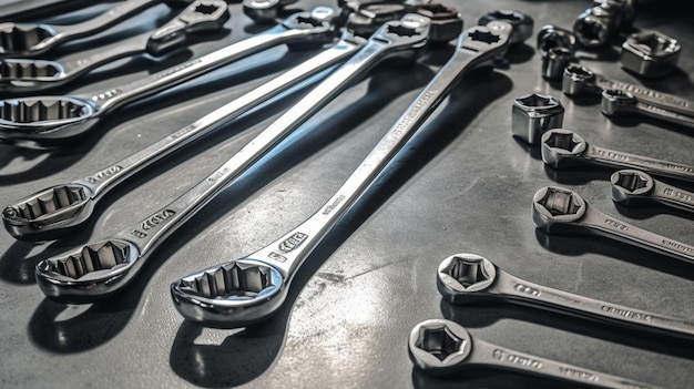 A bunch of wrenches on a table